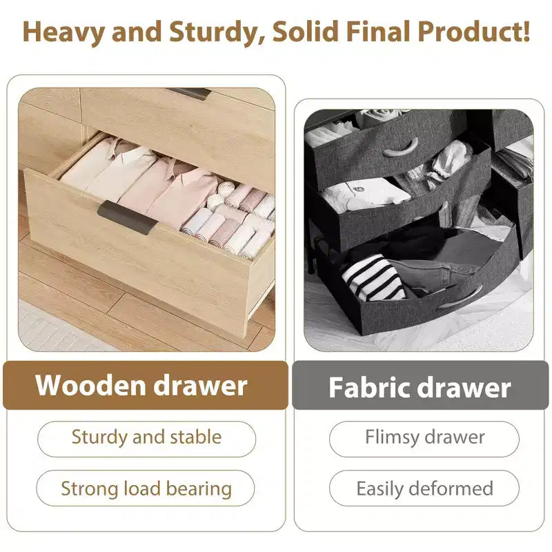 Modern 6-Drawer Wooden Dresser, Wide Closet Storage Chest - Freestanding Tall Vertical Organizer with Adjustable Feet
