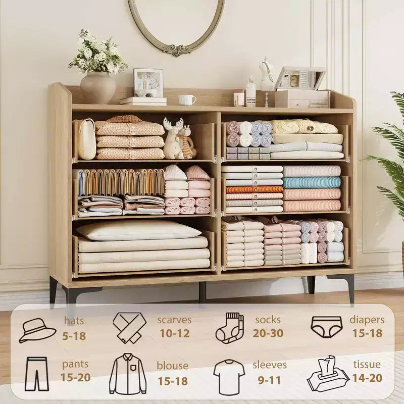 Modern 6-Drawer Wooden Dresser, Wide Closet Storage Chest - Freestanding Tall Vertical Organizer with Adjustable Feet