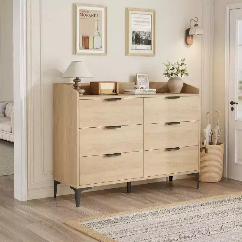 Modern 6-Drawer Wooden Dresser, Wide Closet Storage Chest - Freestanding Tall Vertical Organizer with Adjustable Feet