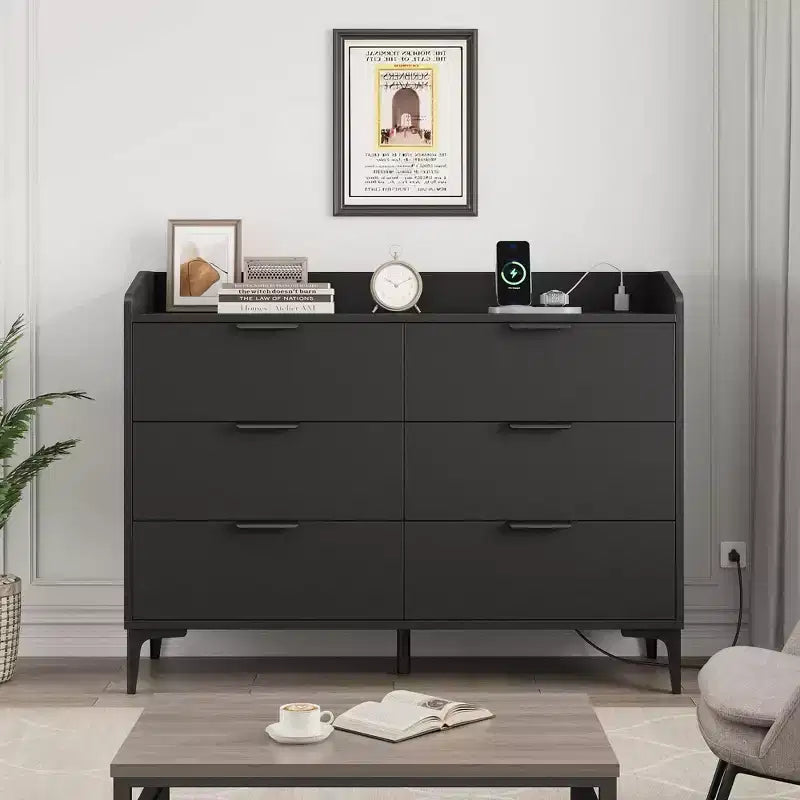Modern 6-Drawer Wooden Dresser, Wide Closet Storage Chest - Freestanding Tall Vertical Organizer with Adjustable Feet