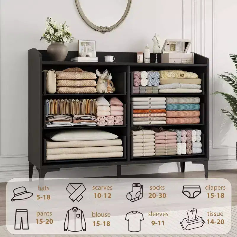Modern 6-Drawer Wooden Dresser, Wide Closet Storage Chest - Freestanding Tall Vertical Organizer with Adjustable Feet