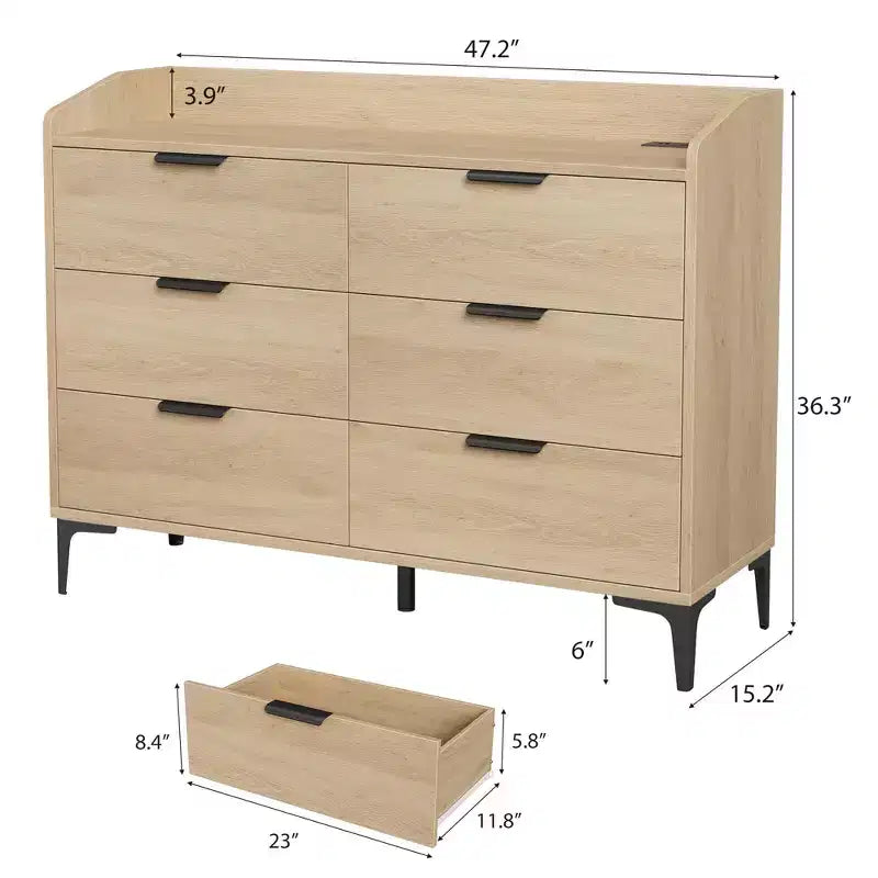 Modern 6-Drawer Wooden Dresser, Wide Closet Storage Chest - Freestanding Tall Vertical Organizer with Adjustable Feet