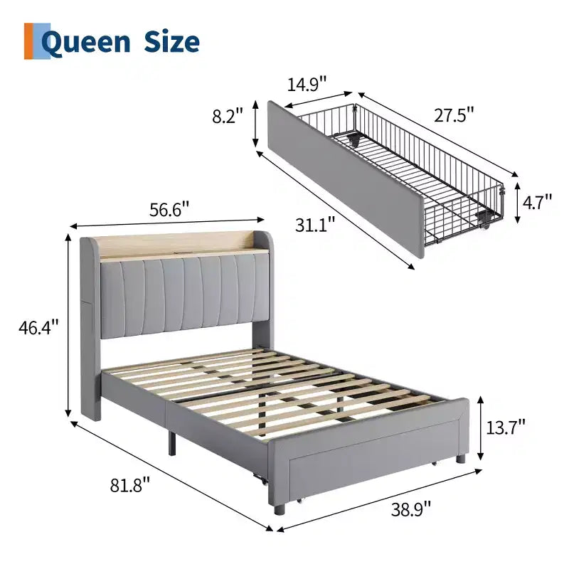 COZONY Twin / Queen Upholstered Platform Bed Frame, Storage Headboard w/ Charging Station & Drawers