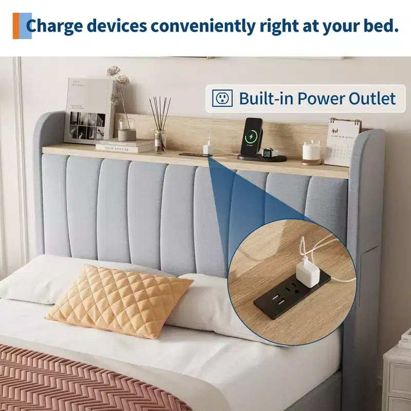 COZONY Twin / Queen Upholstered Platform Bed Frame, Storage Headboard w/ Charging Station & Drawers