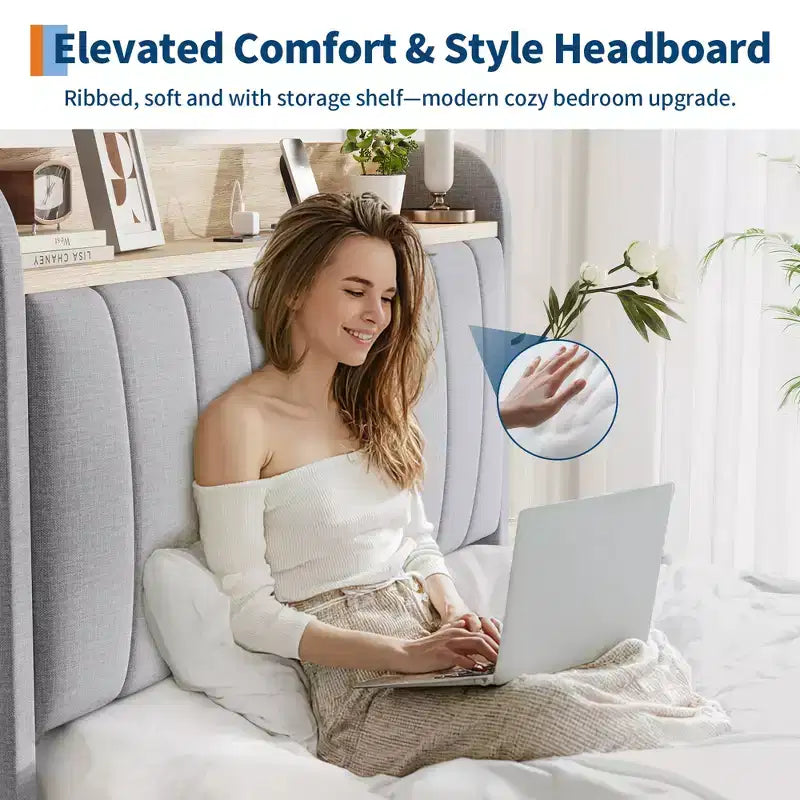 COZONY Twin / Queen Upholstered Platform Bed Frame, Storage Headboard w/ Charging Station & Drawers