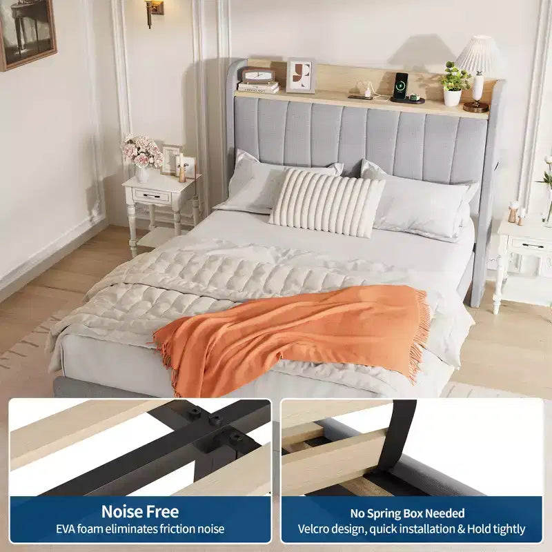 COZONY Twin / Queen Upholstered Platform Bed Frame, Storage Headboard w/ Charging Station & Drawers