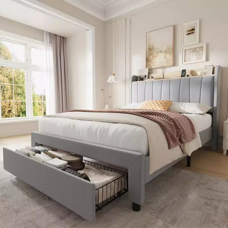 COZONY Twin / Queen Upholstered Platform Bed Frame, Storage Headboard w/ Charging Station & Drawers