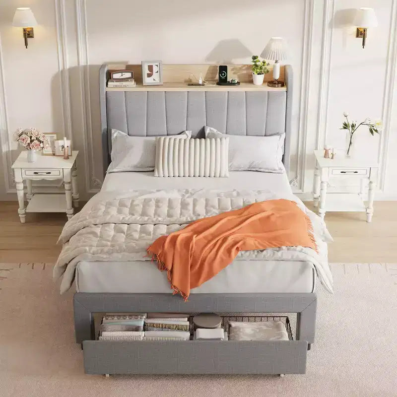 COZONY Twin / Queen Upholstered Platform Bed Frame, Storage Headboard w/ Charging Station & Drawers