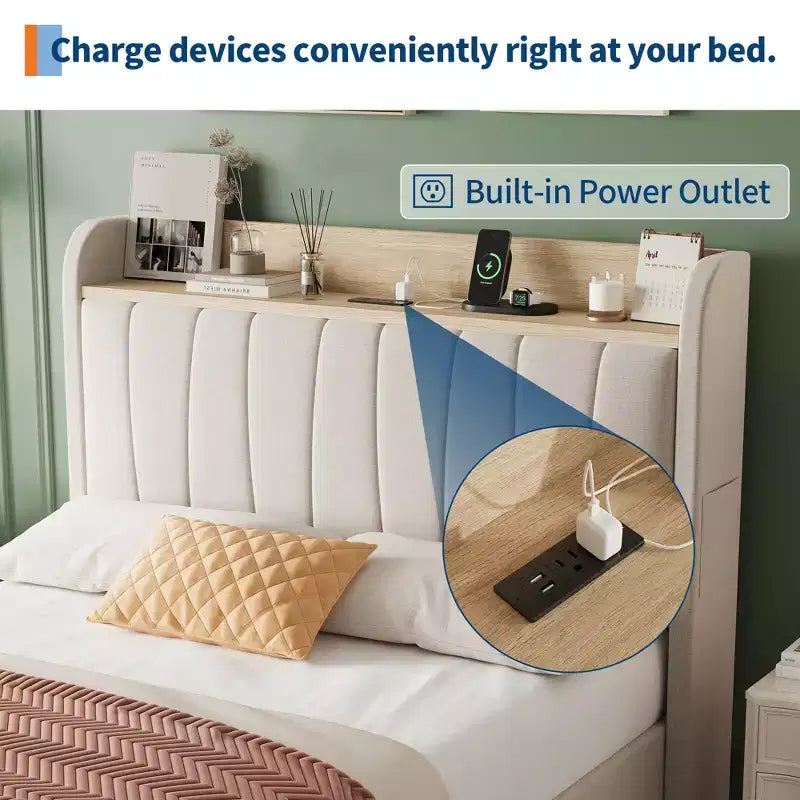 COZONY Twin / Queen Upholstered Platform Bed Frame, Storage Headboard w/ Charging Station & Drawers