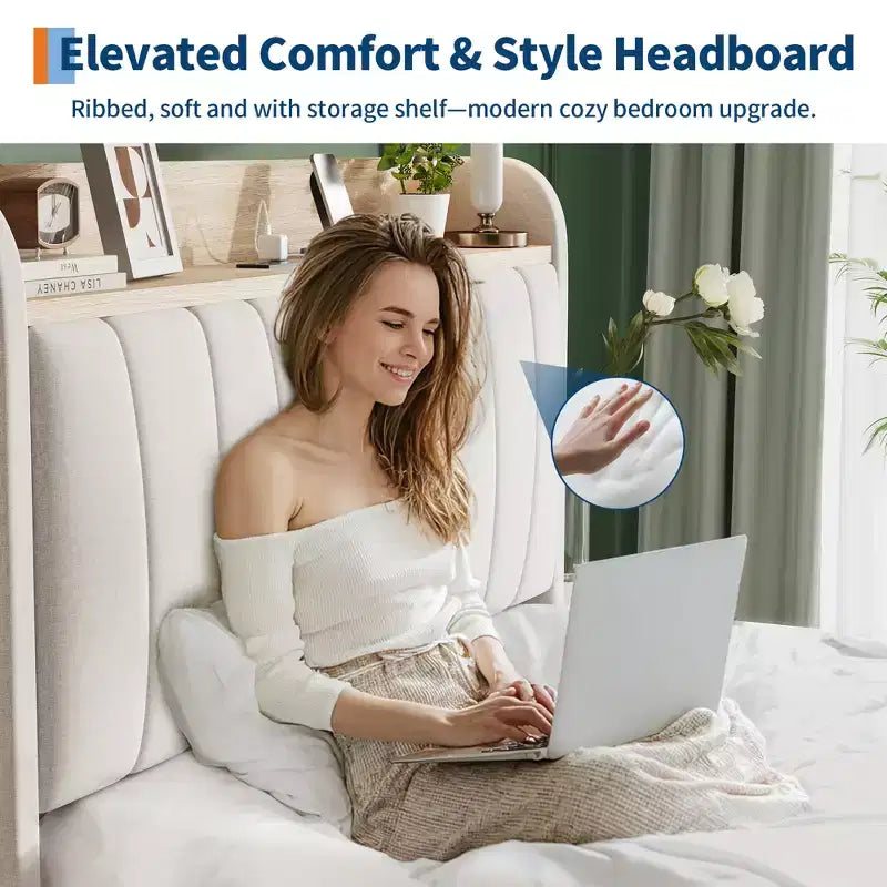 COZONY Twin / Queen Upholstered Platform Bed Frame, Storage Headboard w/ Charging Station & Drawers