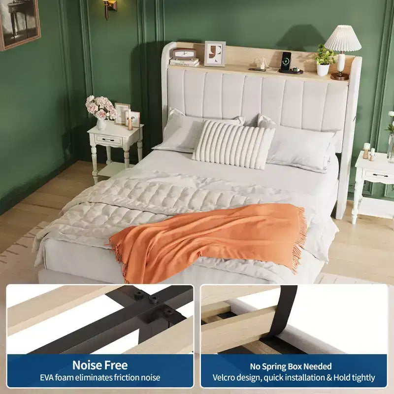 COZONY Twin / Queen Upholstered Platform Bed Frame, Storage Headboard w/ Charging Station & Drawers