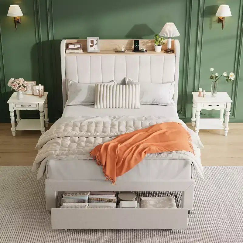 COZONY Twin / Queen Upholstered Platform Bed Frame, Storage Headboard w/ Charging Station & Drawers