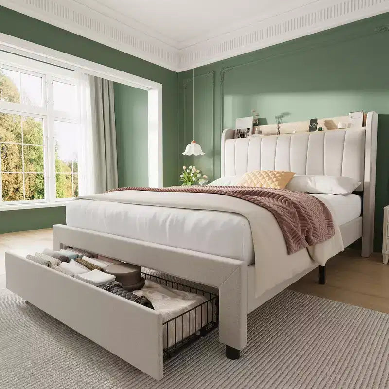 COZONY Twin / Queen Upholstered Platform Bed Frame, Storage Headboard w/ Charging Station & Drawers
