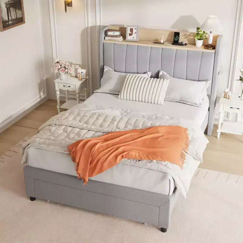 COZONY Twin / Queen Upholstered Platform Bed Frame, Storage Headboard w/ Charging Station & Drawers