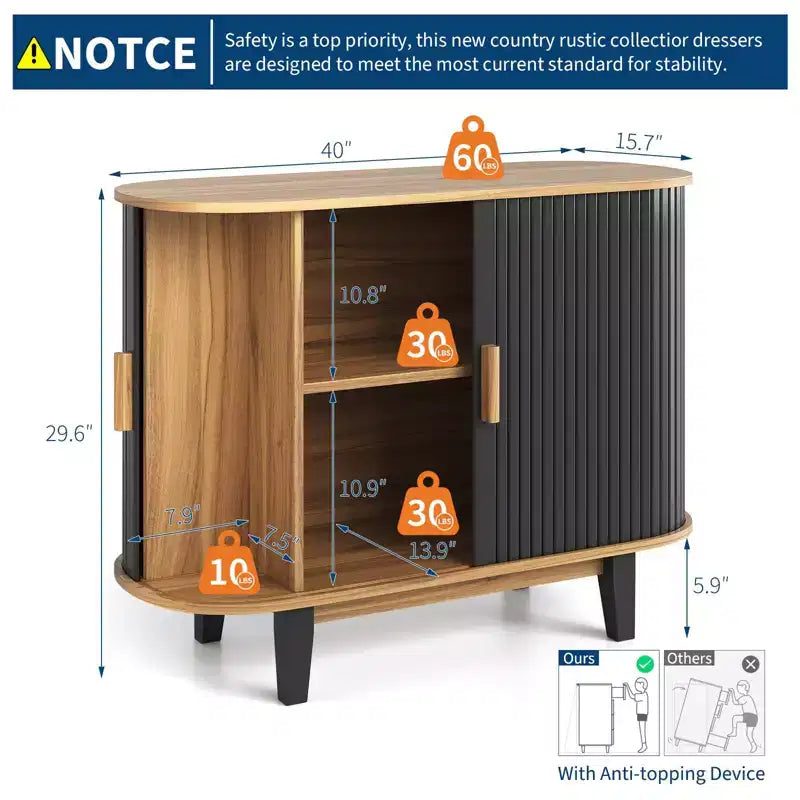 40'' Fluted Sideboard Buffer Cabinet, Storage Cabinet with Sliding Door & Adjustable Shelf, Modern Credenza Storage Cabinets,Tambour Bar Console Table