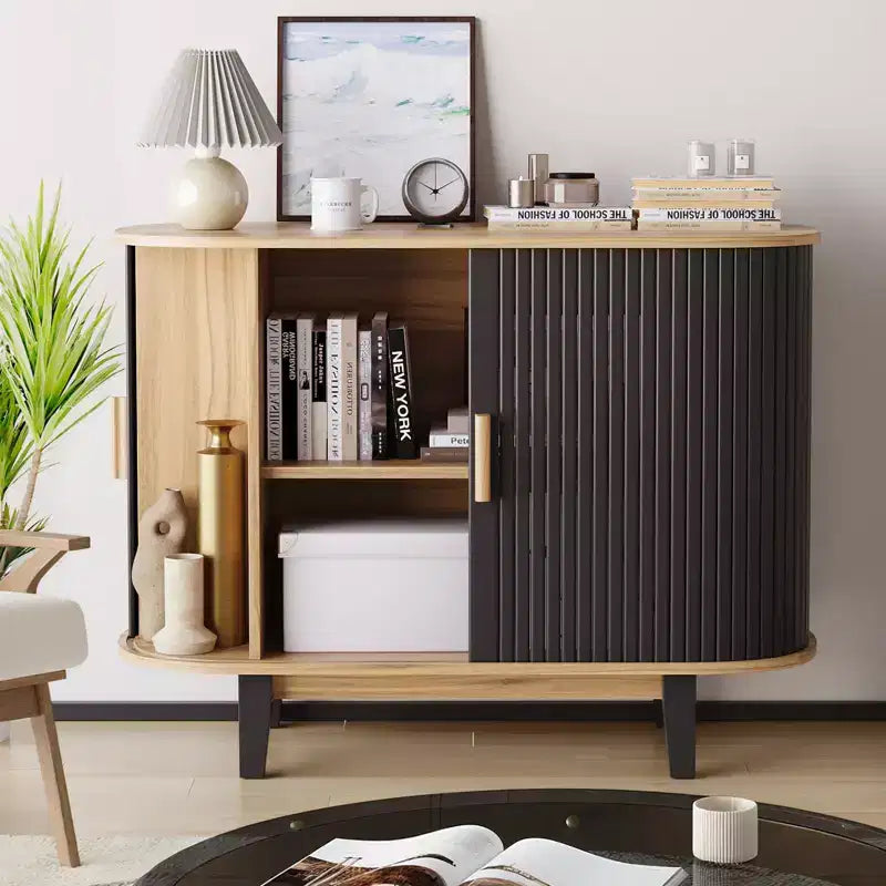 40'' Fluted Sideboard Buffer Cabinet, Storage Cabinet with Sliding Door & Adjustable Shelf, Modern Credenza Storage Cabinets,Tambour Bar Console Table