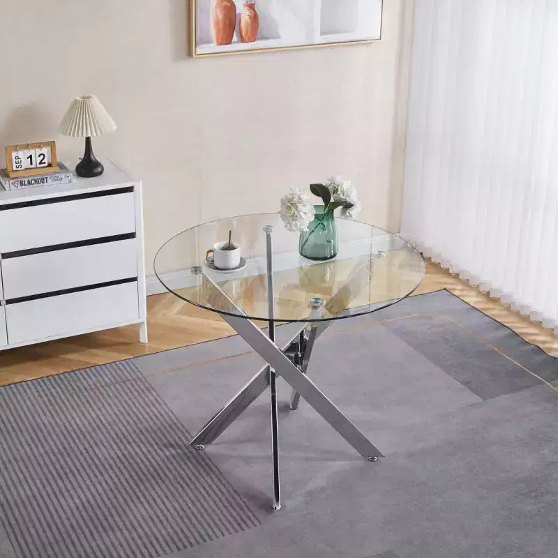 5-Piece Mid-Century Dining Set with Glass Table Top and Metal Legs for 4-6 People, Also Functions as Coffee Table