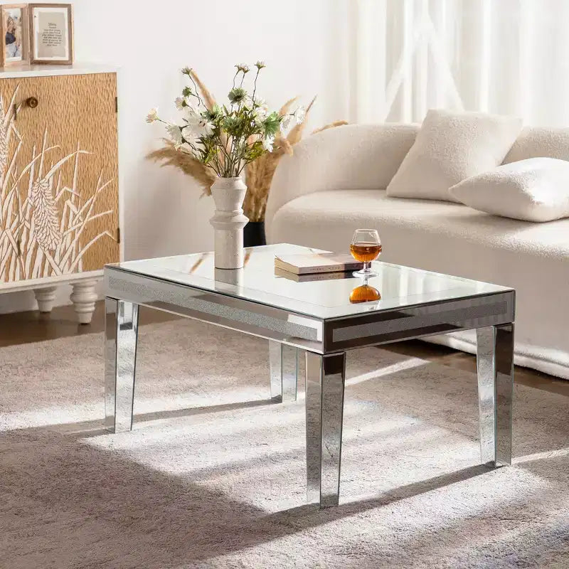 Rectangle Silver Coffee Table with Crushed Crystal Border and Mirrored Finish