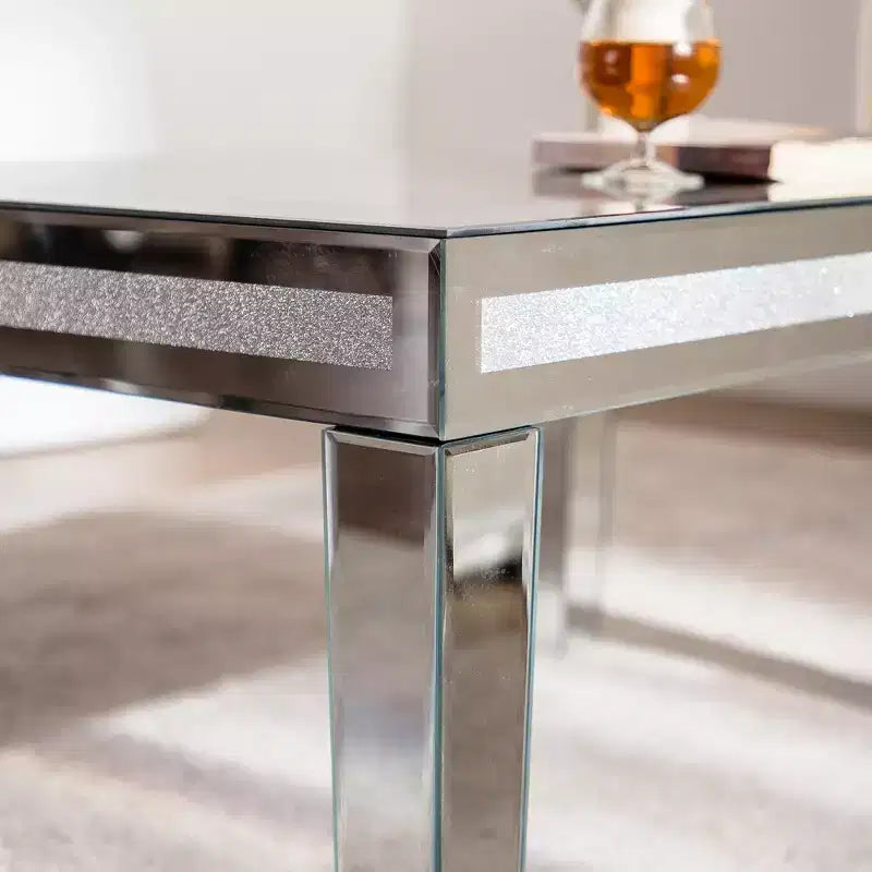 Rectangle Silver Coffee Table with Crushed Crystal Border and Mirrored Finish