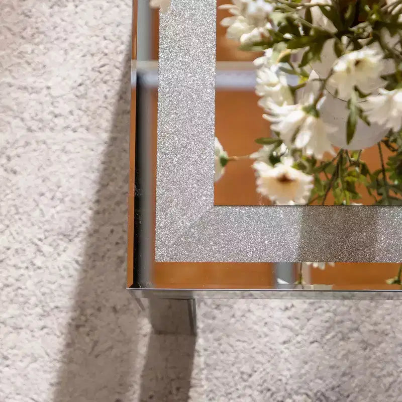 Rectangle Silver Coffee Table with Crushed Crystal Border and Mirrored Finish