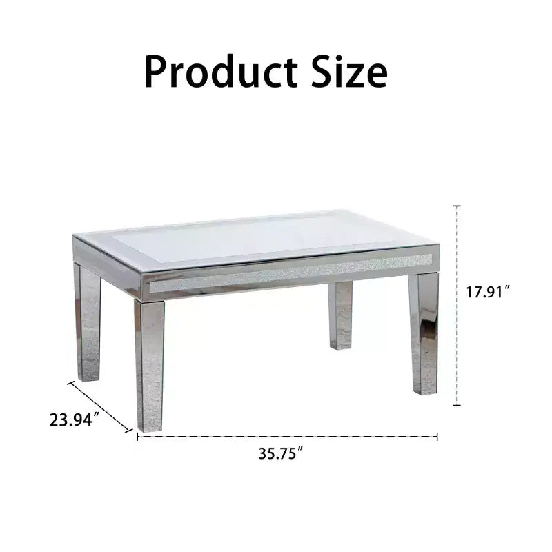 Rectangle Silver Coffee Table with Crushed Crystal Border and Mirrored Finish