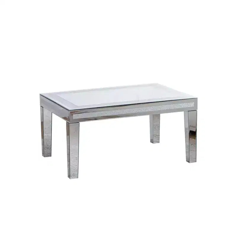 Rectangle Silver Coffee Table with Crushed Crystal Border and Mirrored Finish