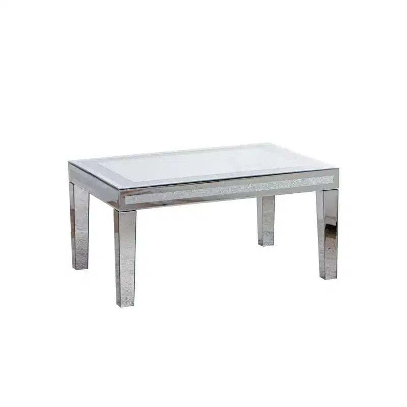 Rectangle Silver Coffee Table with Crushed Crystal Border and Mirrored Finish