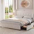 Modern upholstered bed frame with wing-back headboard  4 storage drawers  Metal bed frame  Wooden bed slats  No seasonal packing required