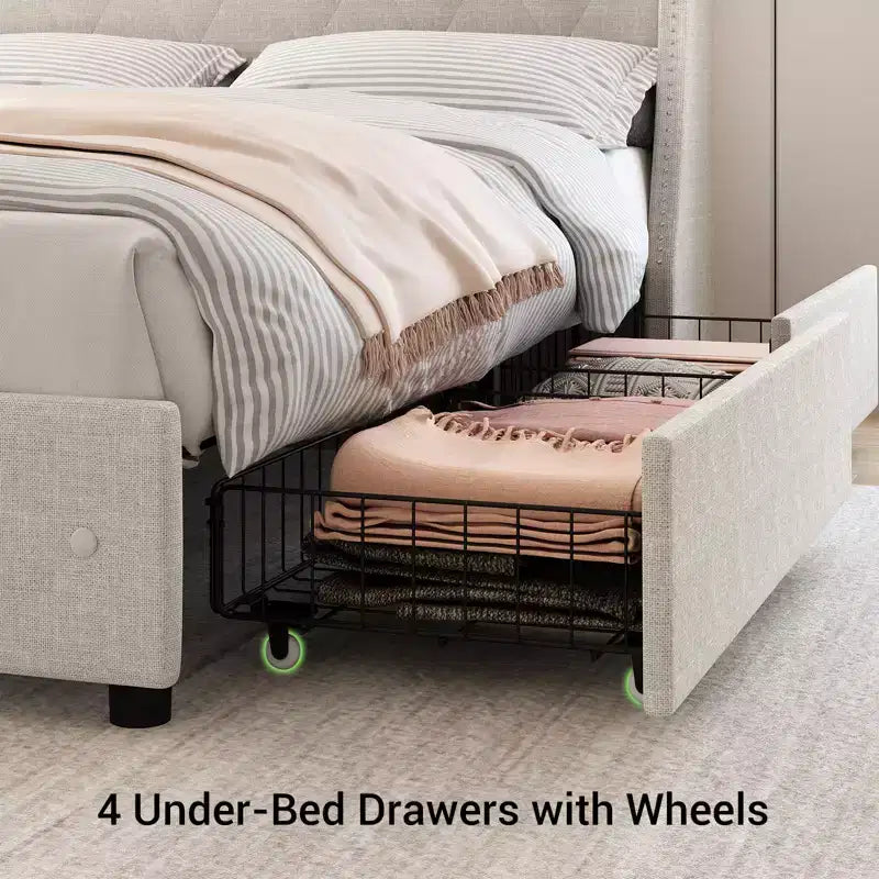 Modern upholstered bed frame with wing-back headboard  4 storage drawers  Metal bed frame  Wooden bed slats  No seasonal packing required
