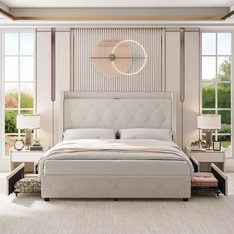 Modern upholstered bed frame with wing-back headboard  4 storage drawers  Metal bed frame  Wooden bed slats  No seasonal packing required