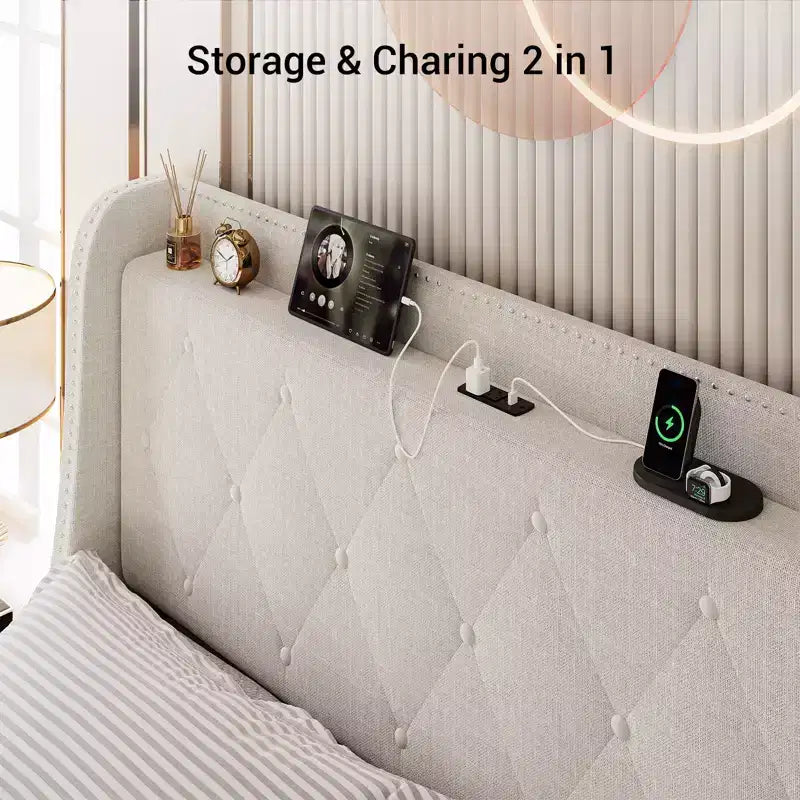 Modern upholstered bed frame with wing-back headboard  4 storage drawers  Metal bed frame  Wooden bed slats  No seasonal packing required