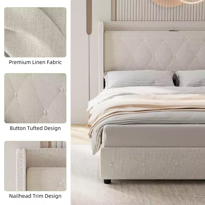 Modern upholstered bed frame with wing-back headboard  4 storage drawers  Metal bed frame  Wooden bed slats  No seasonal packing required