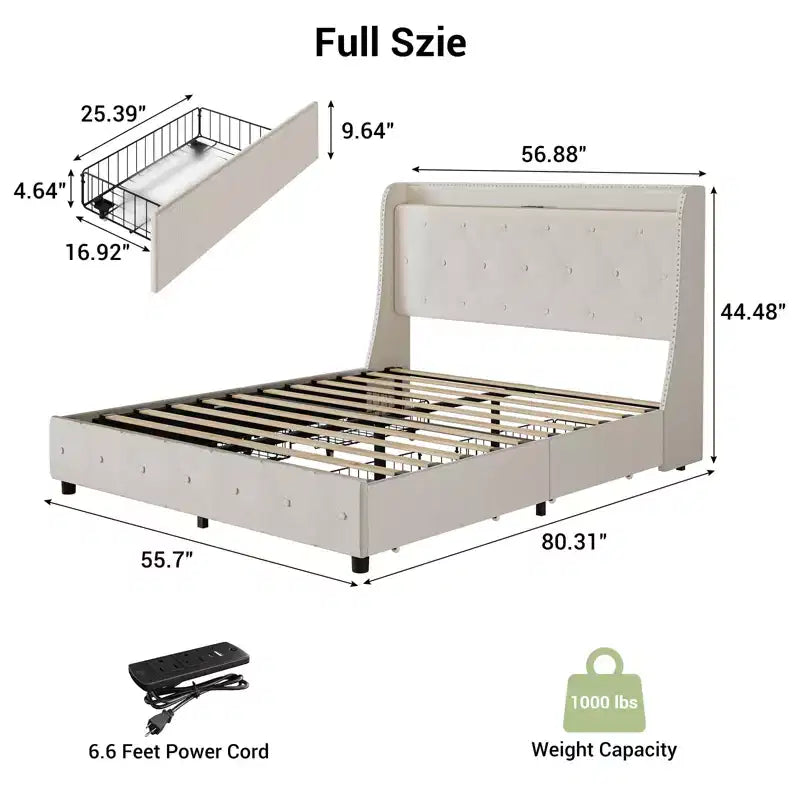 Modern upholstered bed frame with wing-back headboard  4 storage drawers  Metal bed frame  Wooden bed slats  No seasonal packing required
