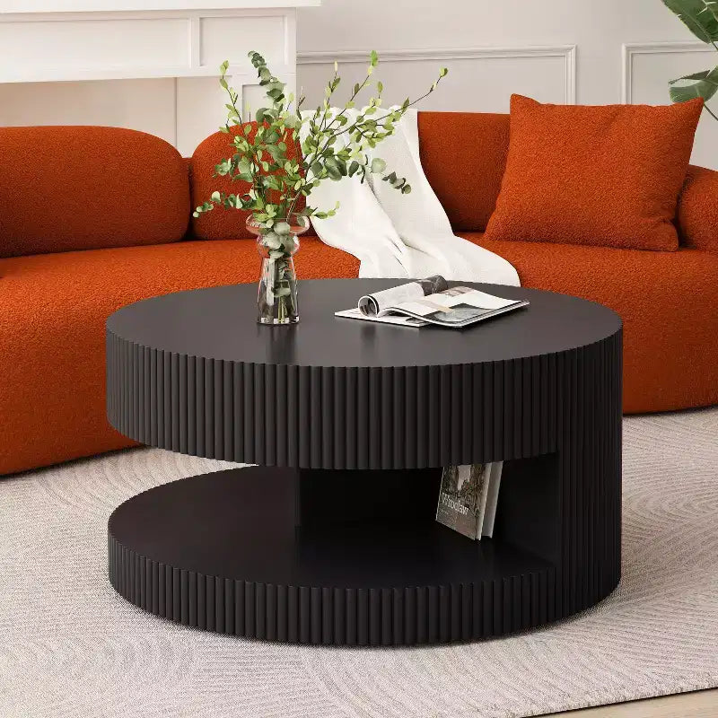 JVNOXK 31.5-inch Modern Round Coffee Table, Vertical Stripe Design Side Table with Open Shelf, Suitable for Bedroom or Living Room, Black