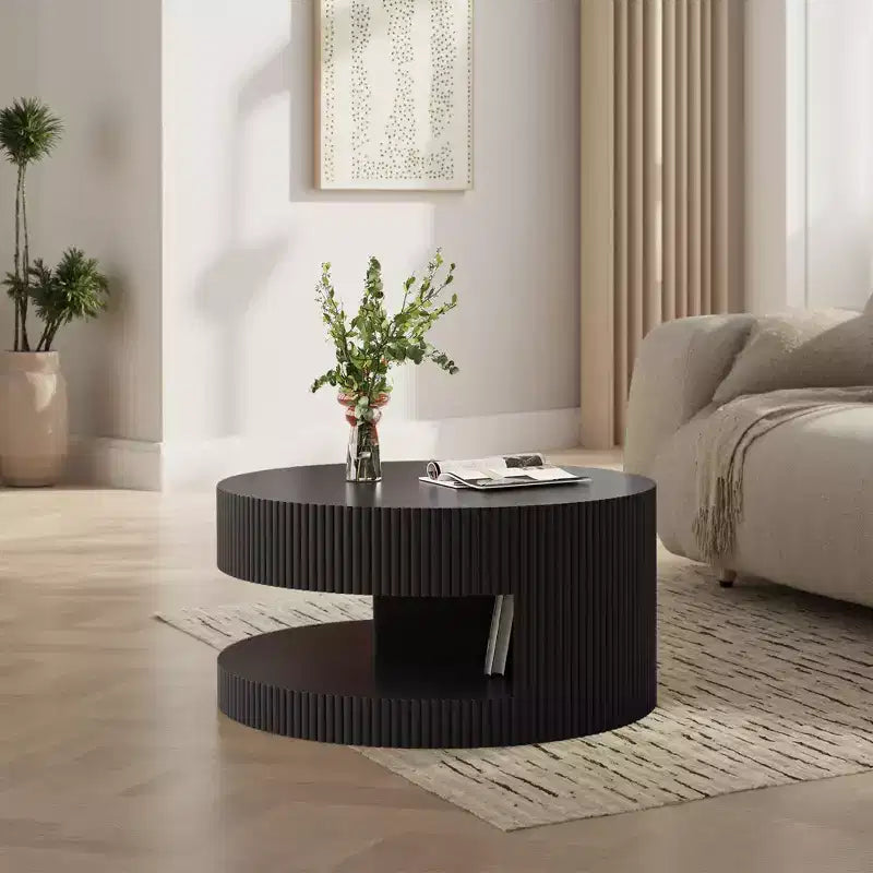 JVNOXK 31.5-inch Modern Round Coffee Table, Vertical Stripe Design Side Table with Open Shelf, Suitable for Bedroom or Living Room, Black