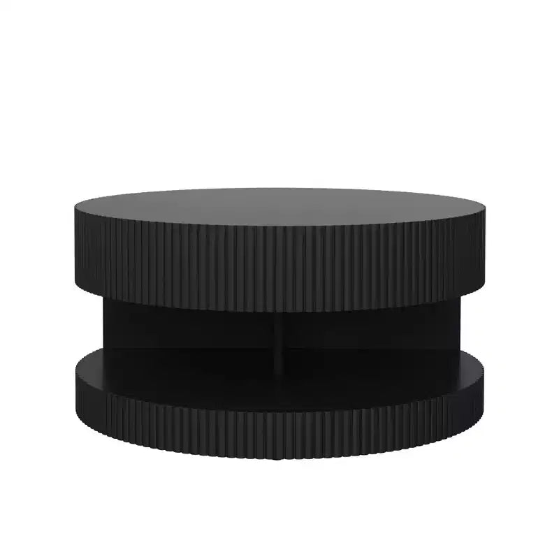 JVNOXK 31.5-inch Modern Round Coffee Table, Vertical Stripe Design Side Table with Open Shelf, Suitable for Bedroom or Living Room, Black