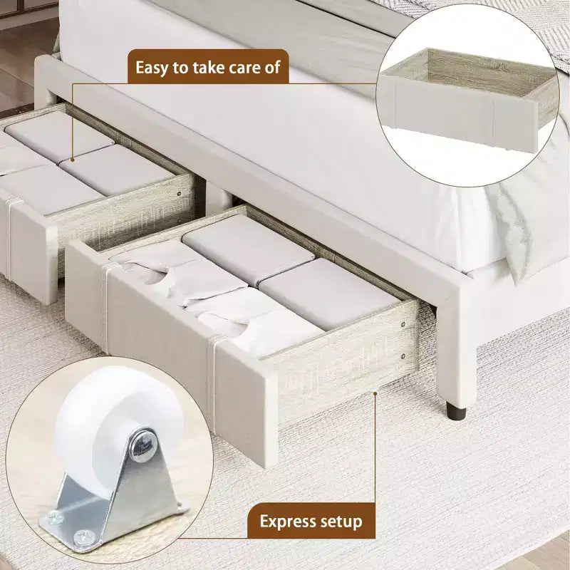 Queen Size Bed Frame with 2 Storage Drawers, Upholstered Platform Bed Frame with Adjustable Button Tufted Headboard, Mattress Foundation with Slats