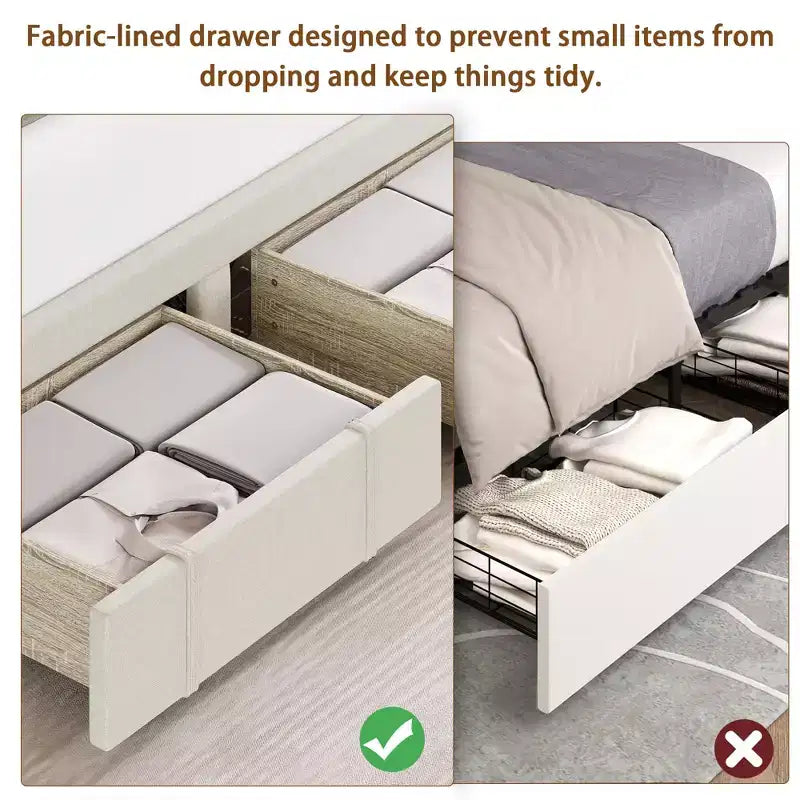 Queen Size Bed Frame with 2 Storage Drawers, Upholstered Platform Bed Frame with Adjustable Button Tufted Headboard, Mattress Foundation with Slats