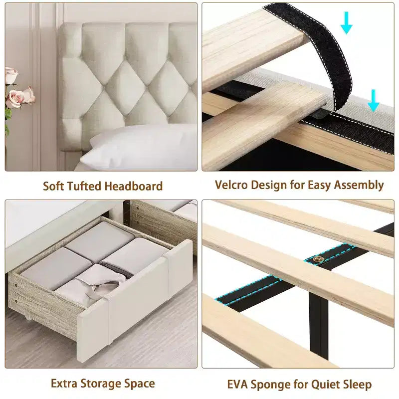 Queen Size Bed Frame with 2 Storage Drawers, Upholstered Platform Bed Frame with Adjustable Button Tufted Headboard, Mattress Foundation with Slats