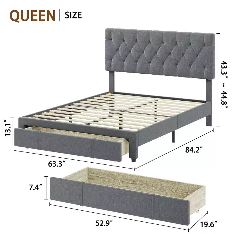 Queen Size Bed Frame with 2 Storage Drawers, Upholstered Platform Bed Frame with Adjustable Button Tufted Headboard, Mattress Foundation with Slats