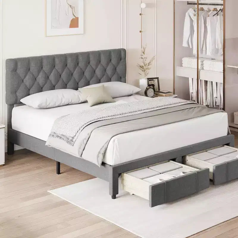 Queen Size Bed Frame with 2 Storage Drawers, Upholstered Platform Bed Frame with Adjustable Button Tufted Headboard, Mattress Foundation with Slats