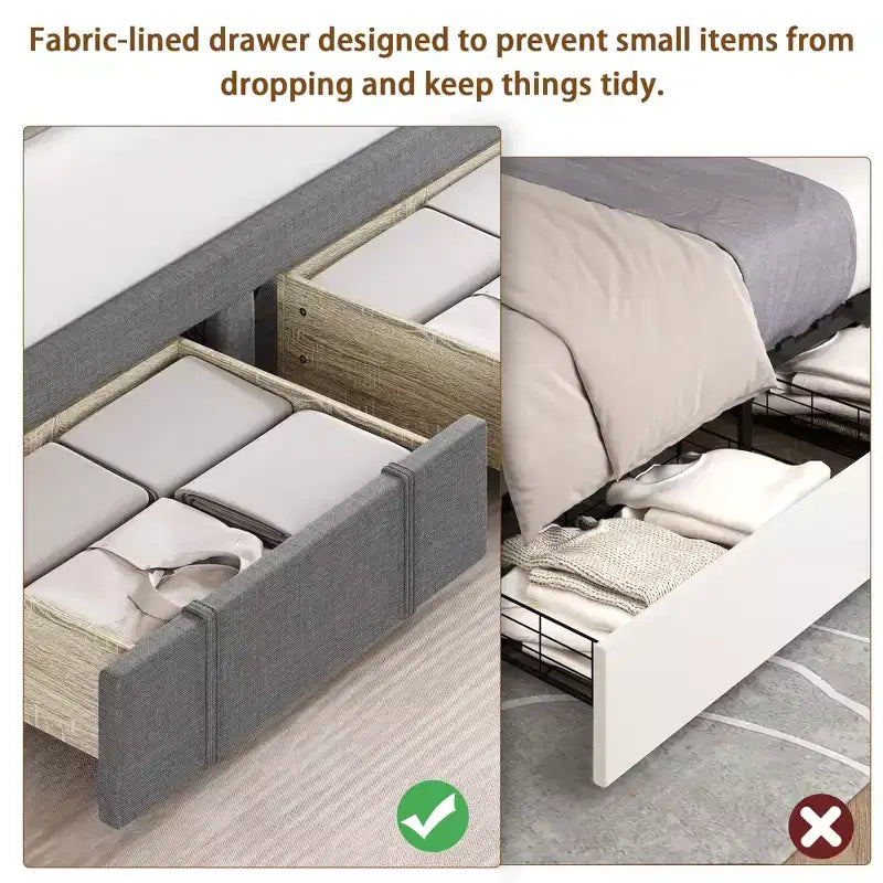Queen Size Bed Frame with 2 Storage Drawers, Upholstered Platform Bed Frame with Adjustable Button Tufted Headboard, Mattress Foundation with Slats
