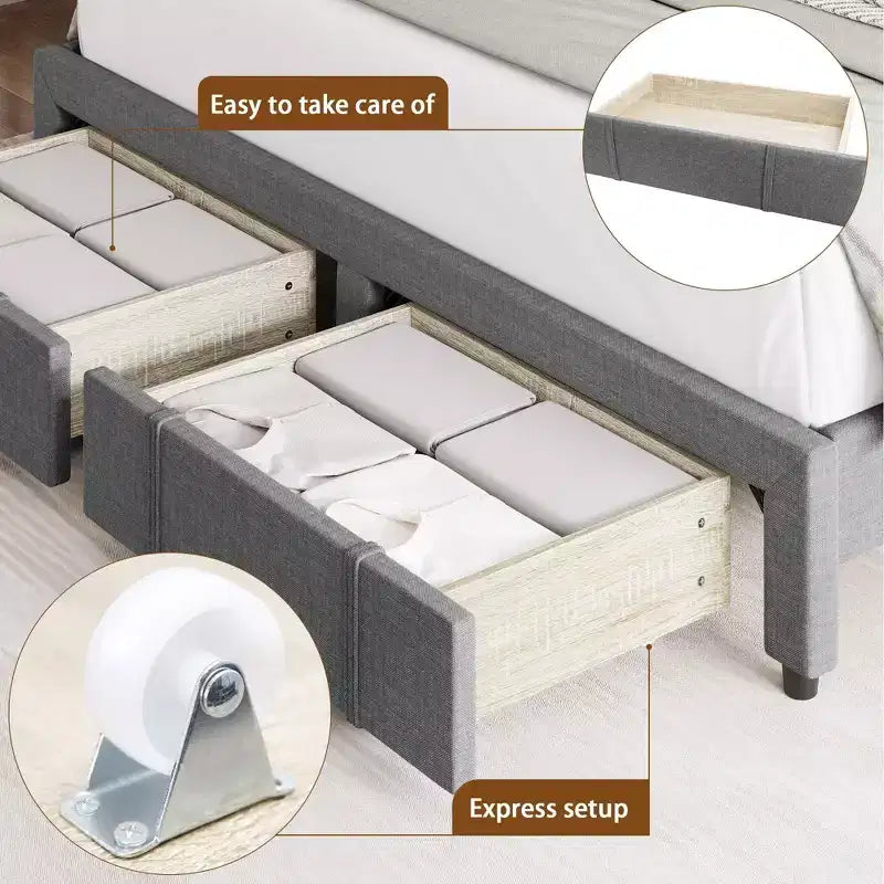 Queen Size Bed Frame with 2 Storage Drawers, Upholstered Platform Bed Frame with Adjustable Button Tufted Headboard, Mattress Foundation with Slats