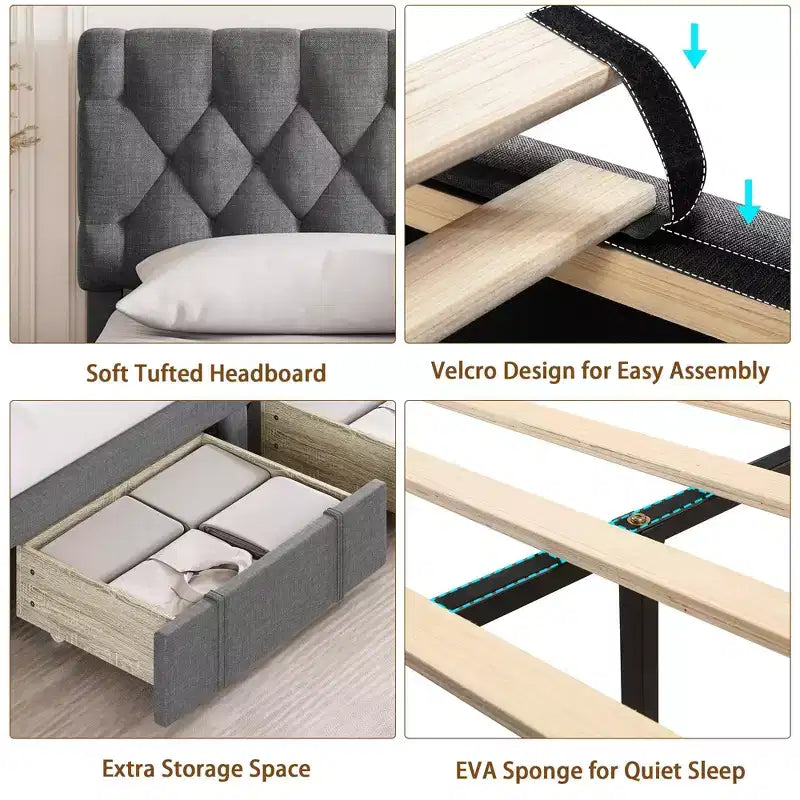Queen Size Bed Frame with 2 Storage Drawers, Upholstered Platform Bed Frame with Adjustable Button Tufted Headboard, Mattress Foundation with Slats