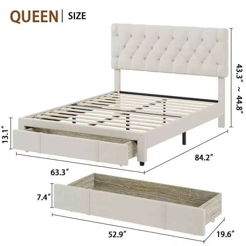 Queen Size Bed Frame with 2 Storage Drawers, Upholstered Platform Bed Frame with Adjustable Button Tufted Headboard, Mattress Foundation with Slats