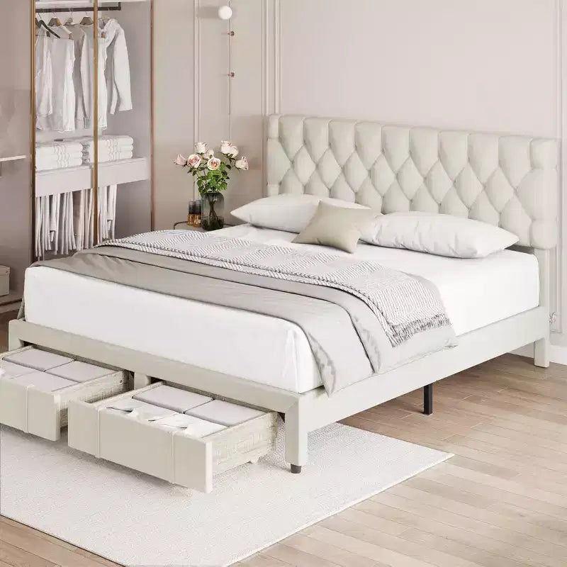 Queen Size Bed Frame with 2 Storage Drawers, Upholstered Platform Bed Frame with Adjustable Button Tufted Headboard, Mattress Foundation with Slats