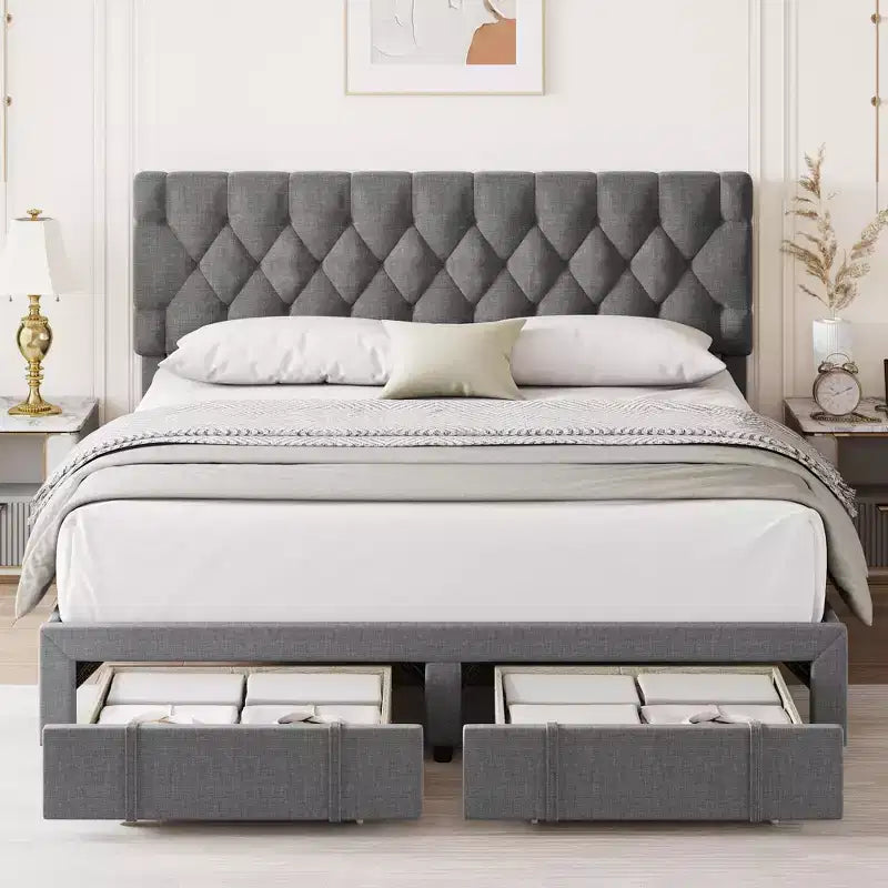 Queen Size Bed Frame with 2 Storage Drawers, Upholstered Platform Bed Frame with Adjustable Button Tufted Headboard, Mattress Foundation with Slats