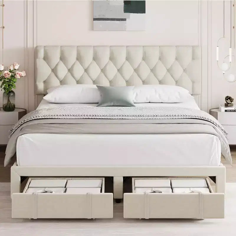 Queen Size Bed Frame with 2 Storage Drawers, Upholstered Platform Bed Frame with Adjustable Button Tufted Headboard, Mattress Foundation with Slats