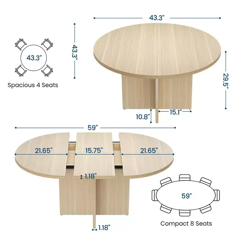 Sleek Extendable Dining Table, Transforms from Round to Oval (43.3-59), Comfortably Seats 4 to 8 Guests