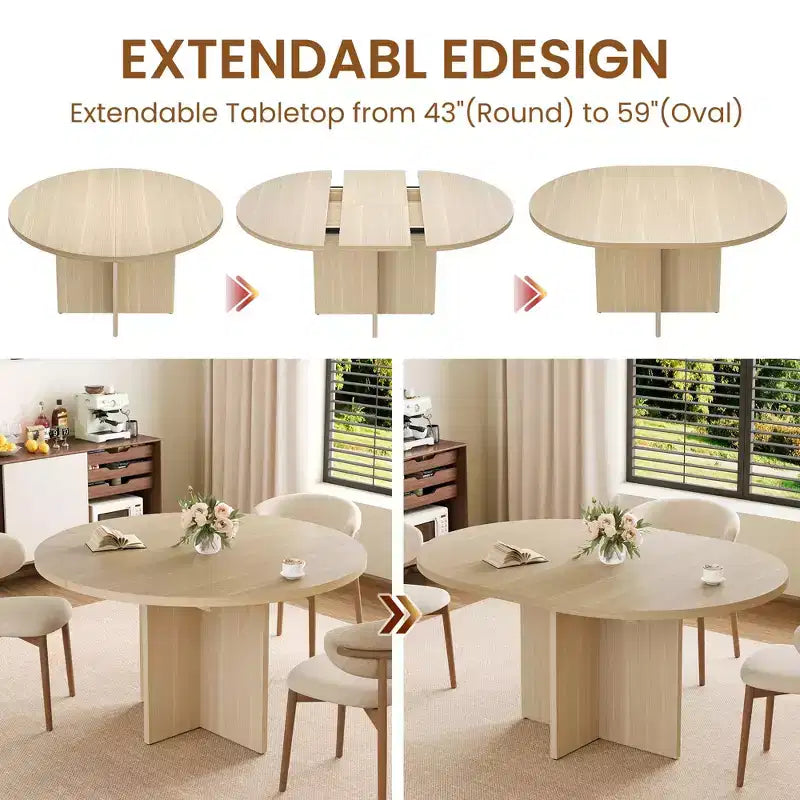 Sleek Extendable Dining Table, Transforms from Round to Oval (43.3-59), Comfortably Seats 4 to 8 Guests